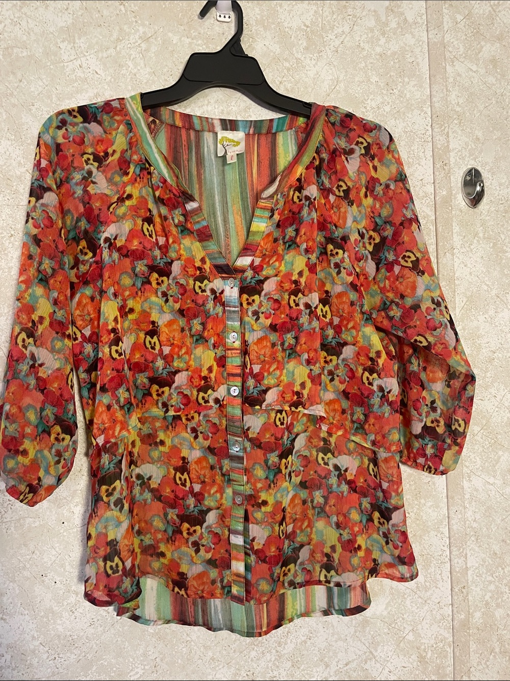 fig and flower Red Multi Floral & Stripe Overlay Button-Front Polyester Blouse